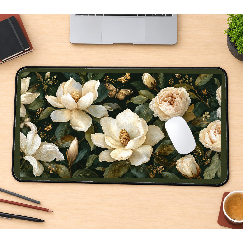 Cream Magnolia and Roses desk mat — product mockup 1
