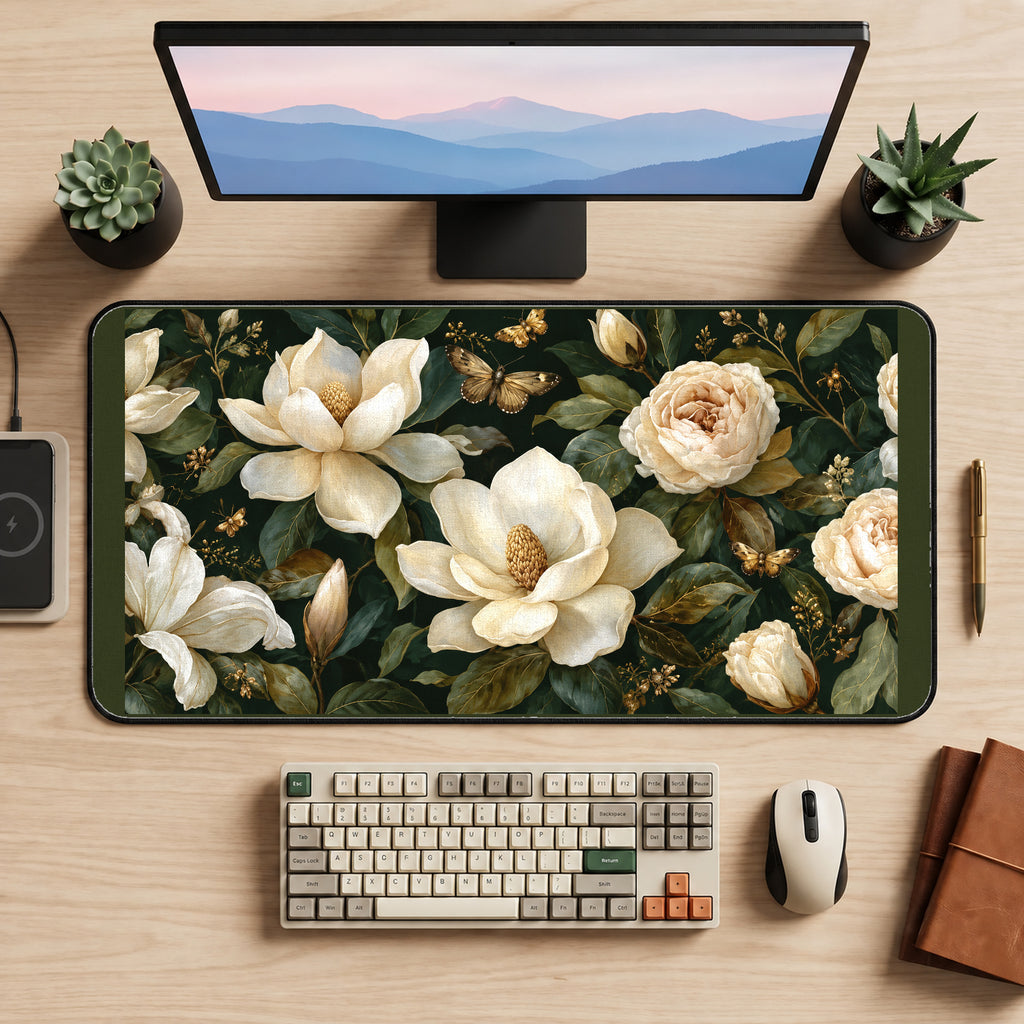 Cream Magnolia and Roses desk mat — product mockup 2