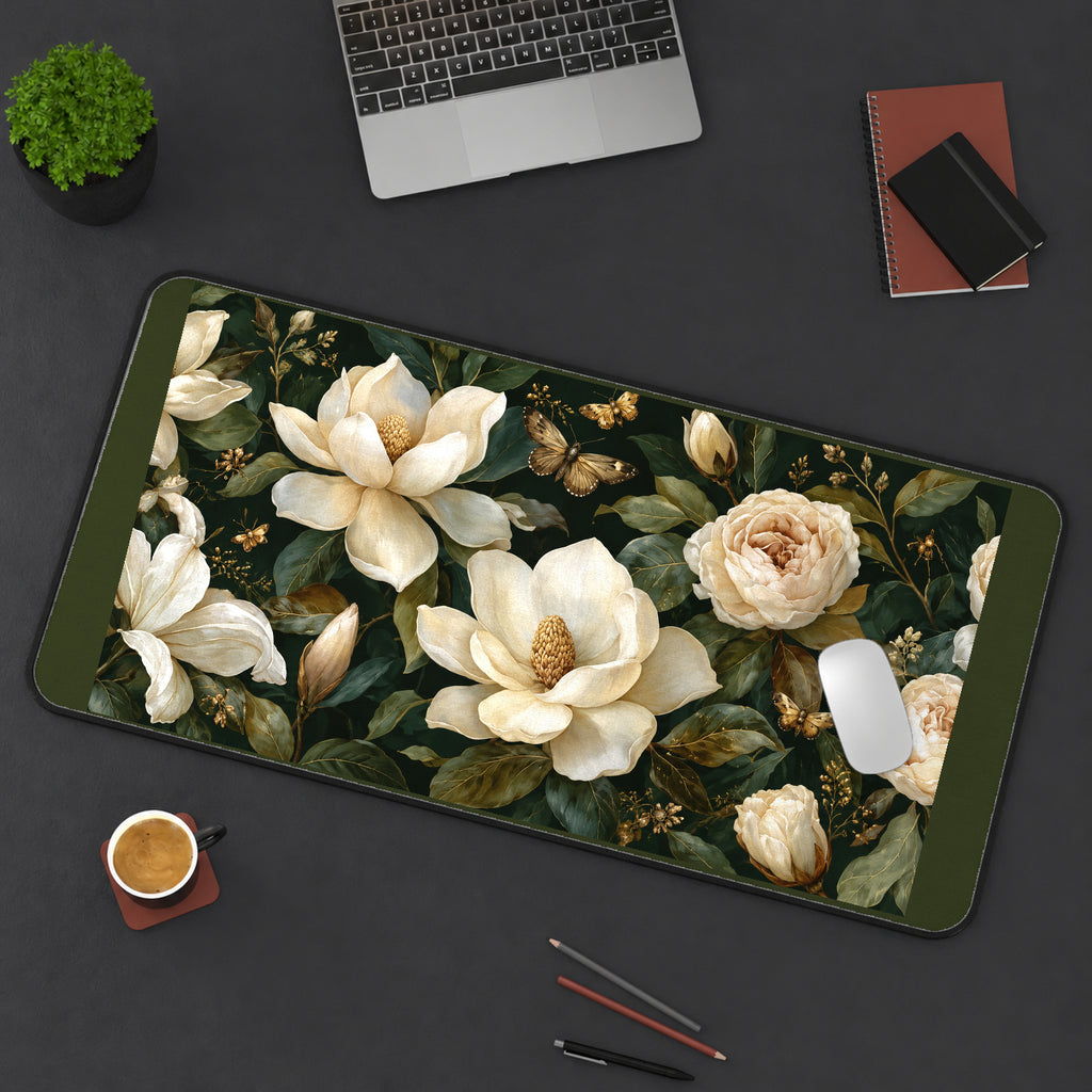 Cream Magnolia and Roses desk mat — product mockup 3