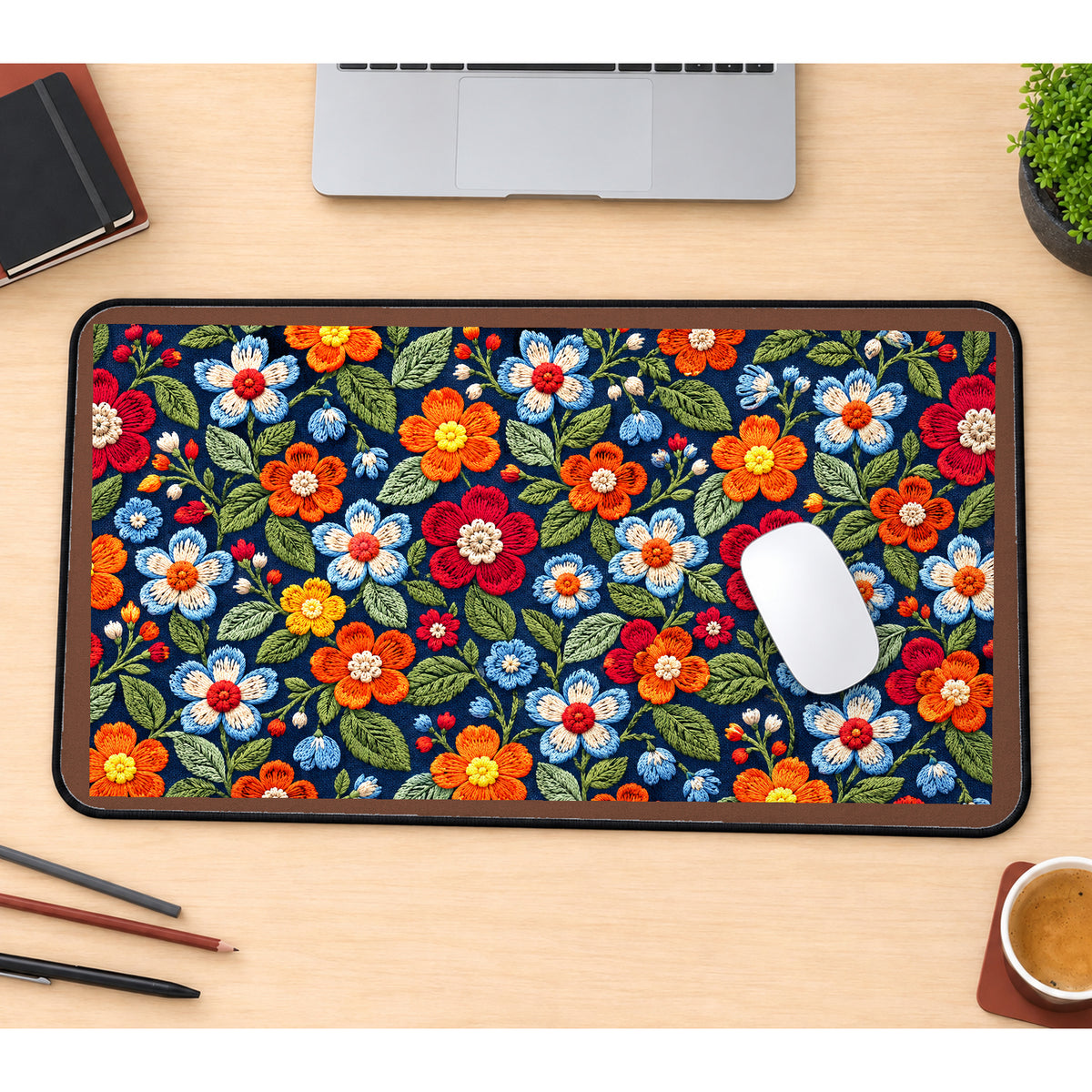 Colorful Folk Flower Stitch Pattern desk mat — product mockup 1