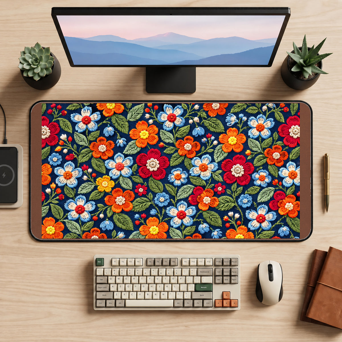 Colorful Folk Flower Stitch Pattern desk mat — product mockup 2