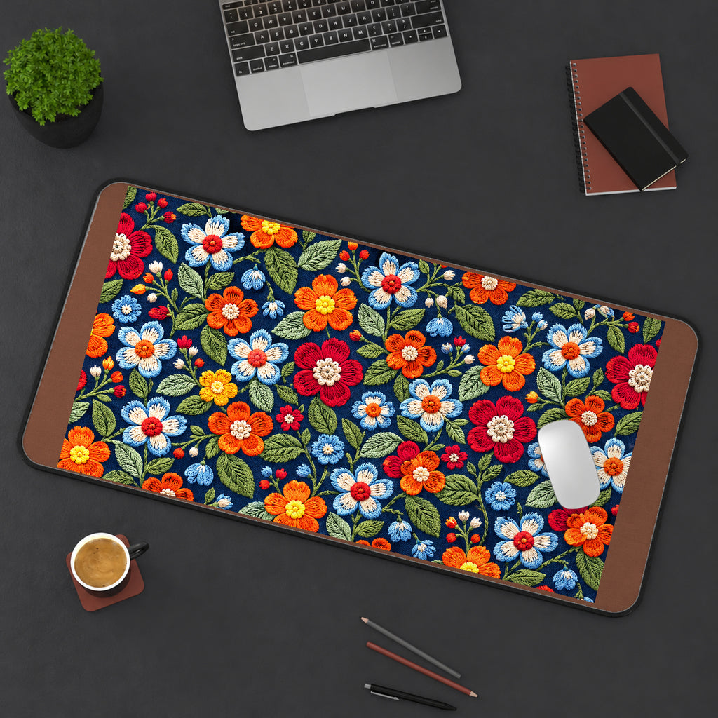 Colorful Folk Flower Stitch Pattern desk mat — product mockup 3