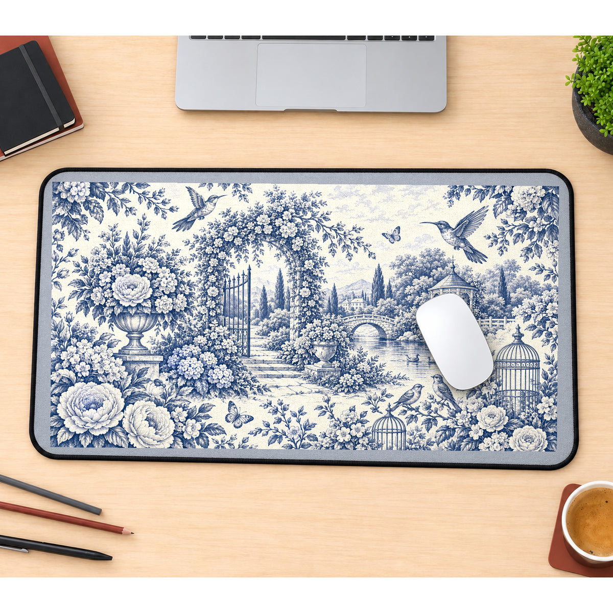 Blue Toile Garden and Birds desk mat — product mockup 1