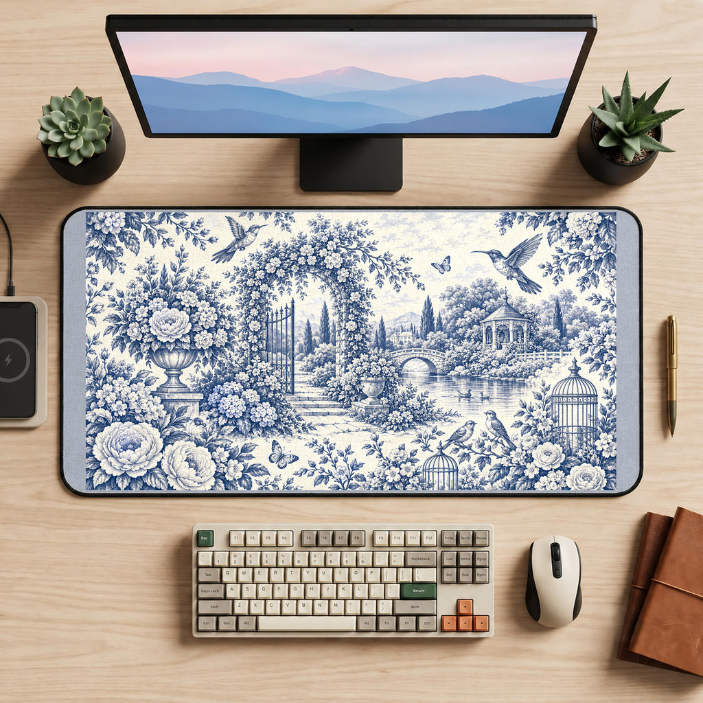Blue Toile Garden and Birds desk mat — product mockup 2