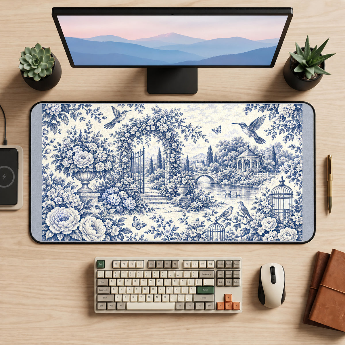 Blue Toile Garden and Birds desk mat — product mockup 2