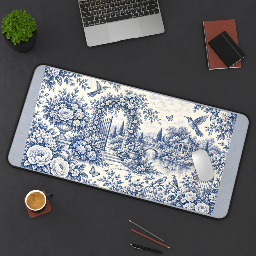 Blue Toile Garden and Birds desk mat — product mockup 3