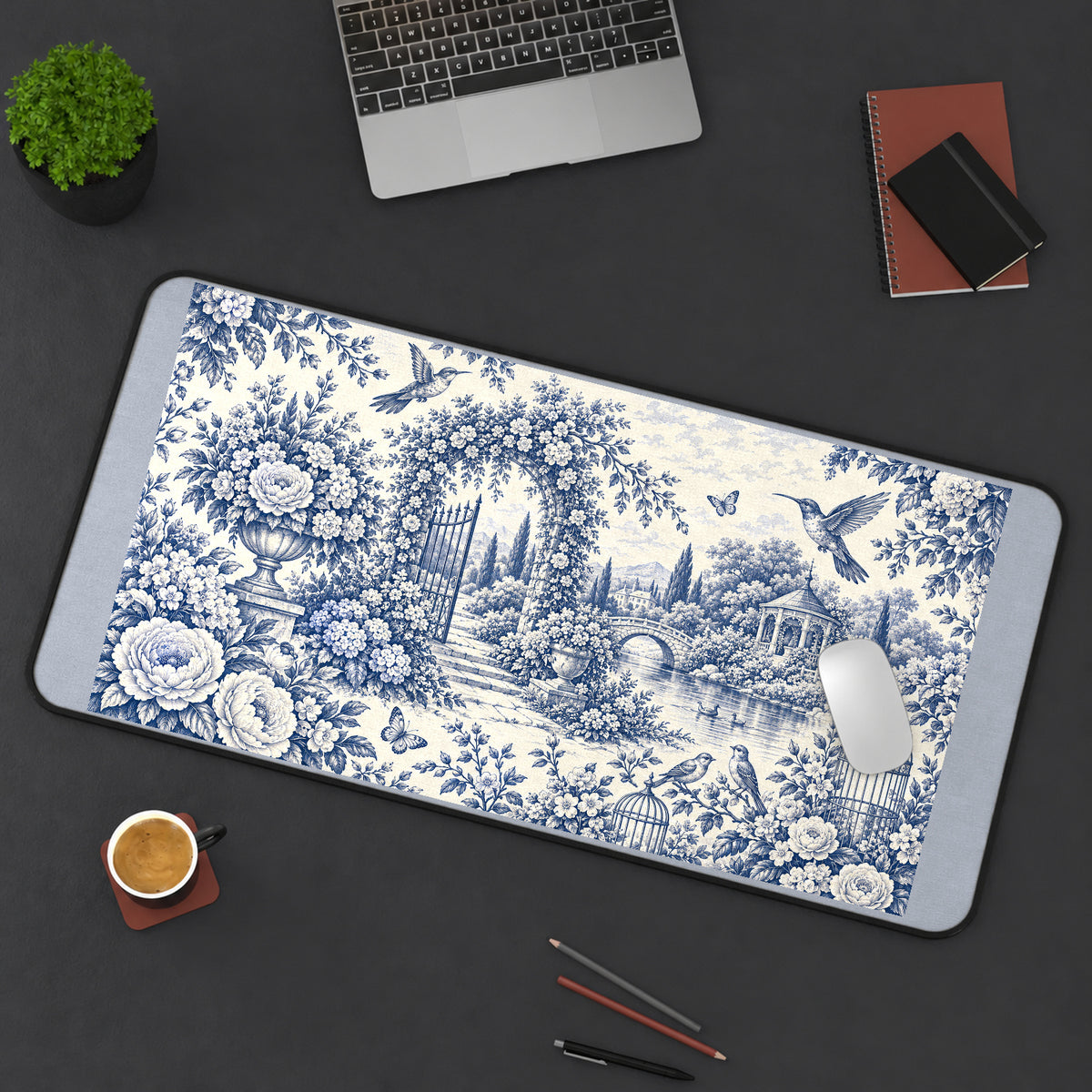 Blue Toile Garden and Birds desk mat — product mockup 3