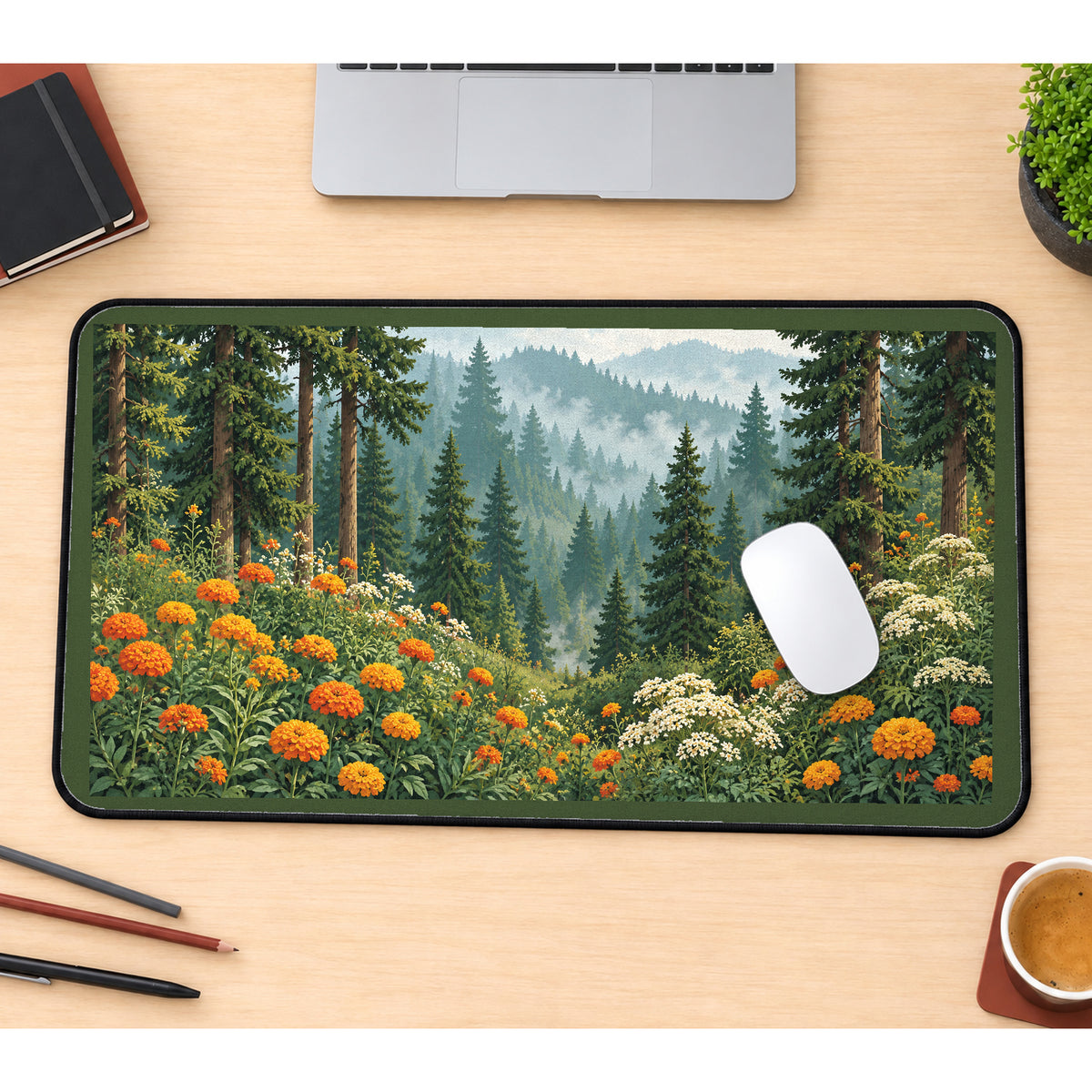 Forest Meadow with Orange Flowers desk mat — product mockup 1