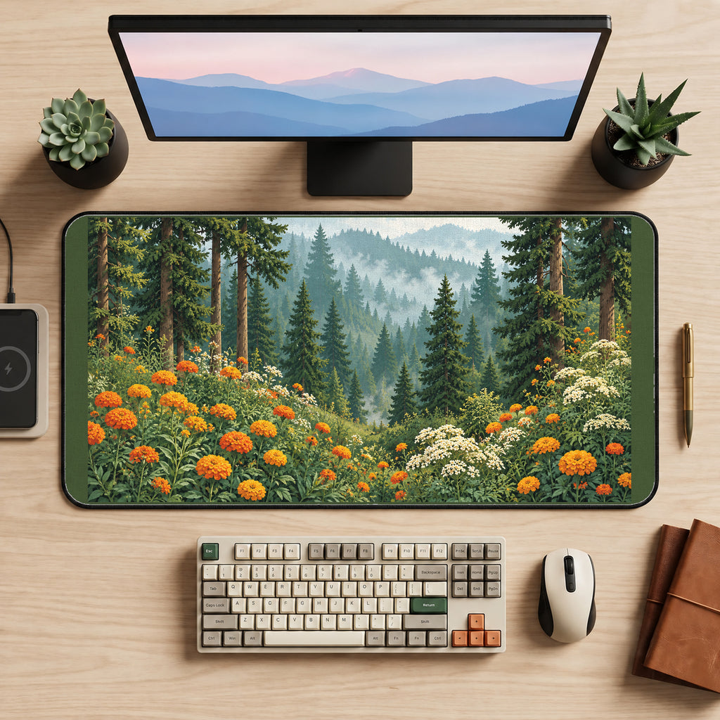 Forest Meadow with Orange Flowers desk mat — product mockup 2