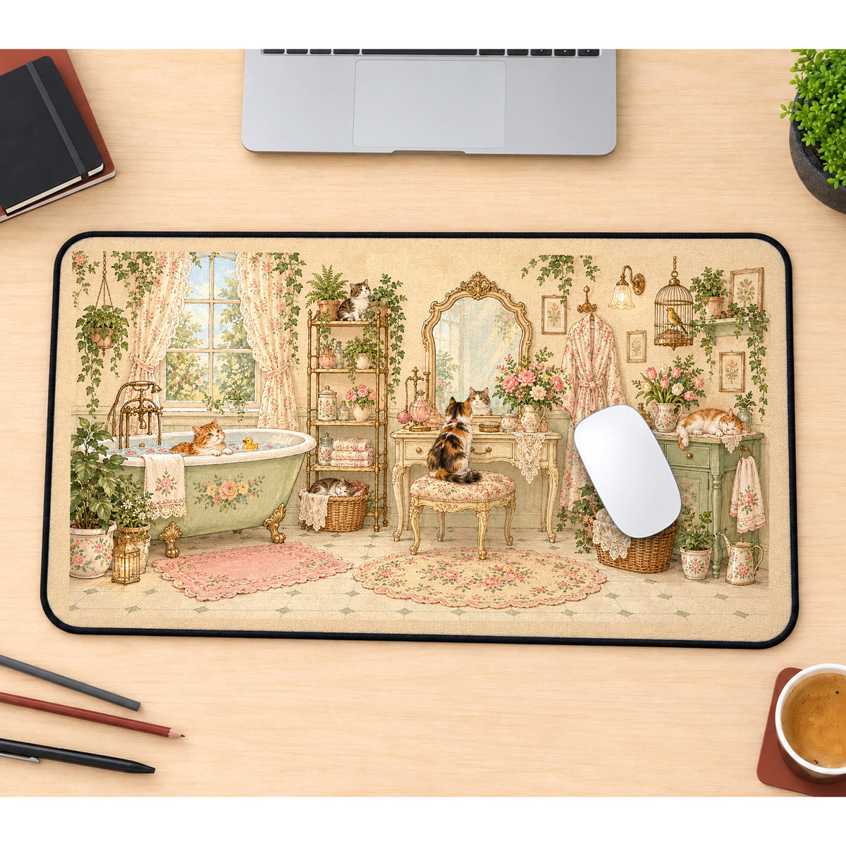 Cats in a Vintage Bathroom desk mat — product mockup 1