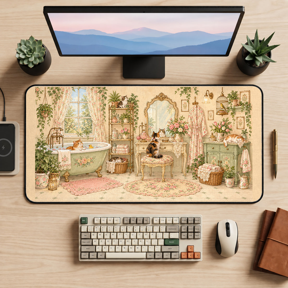 Cats in a Vintage Bathroom desk mat — product mockup 2