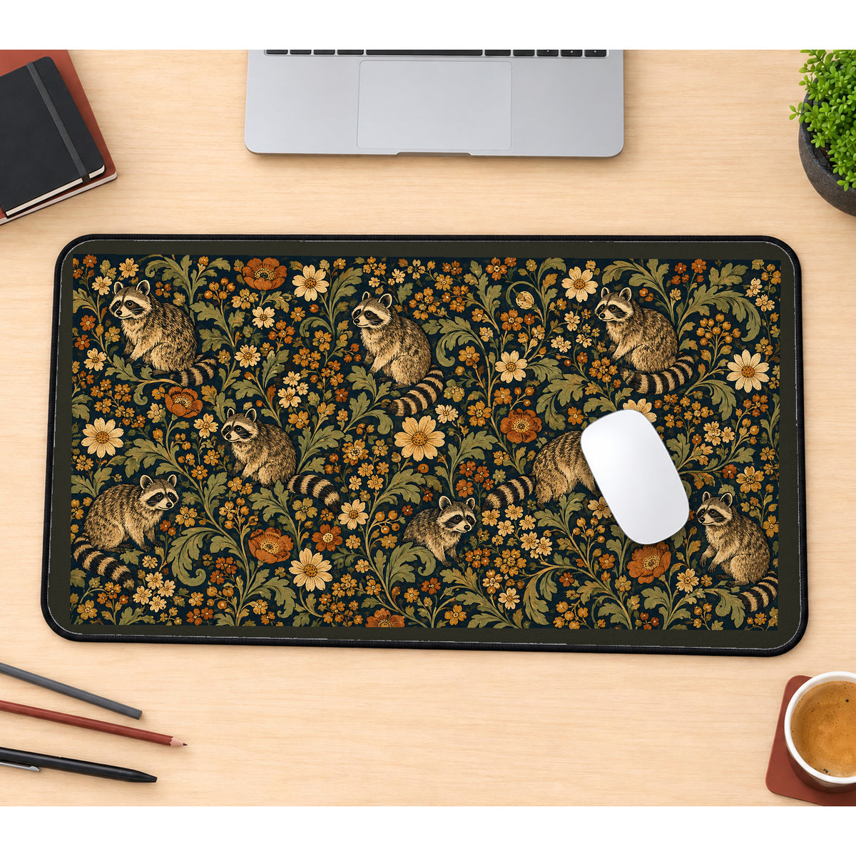 Raccoons in a Folk Flower Garden desk mat — product mockup 1