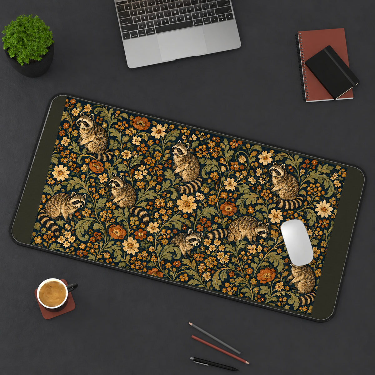 Raccoons in a Folk Flower Garden desk mat — product mockup 3
