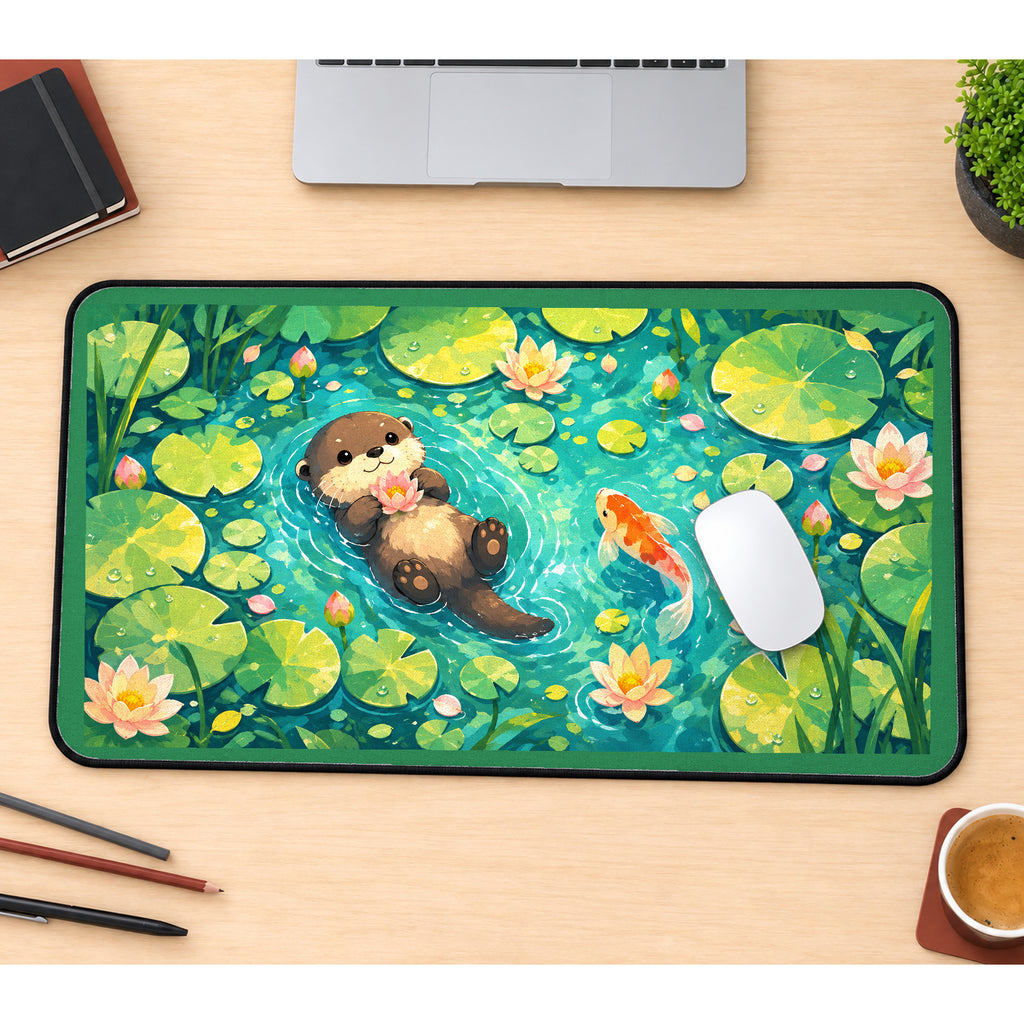 Otter in a Lotus Koi Pond desk mat — product mockup 1