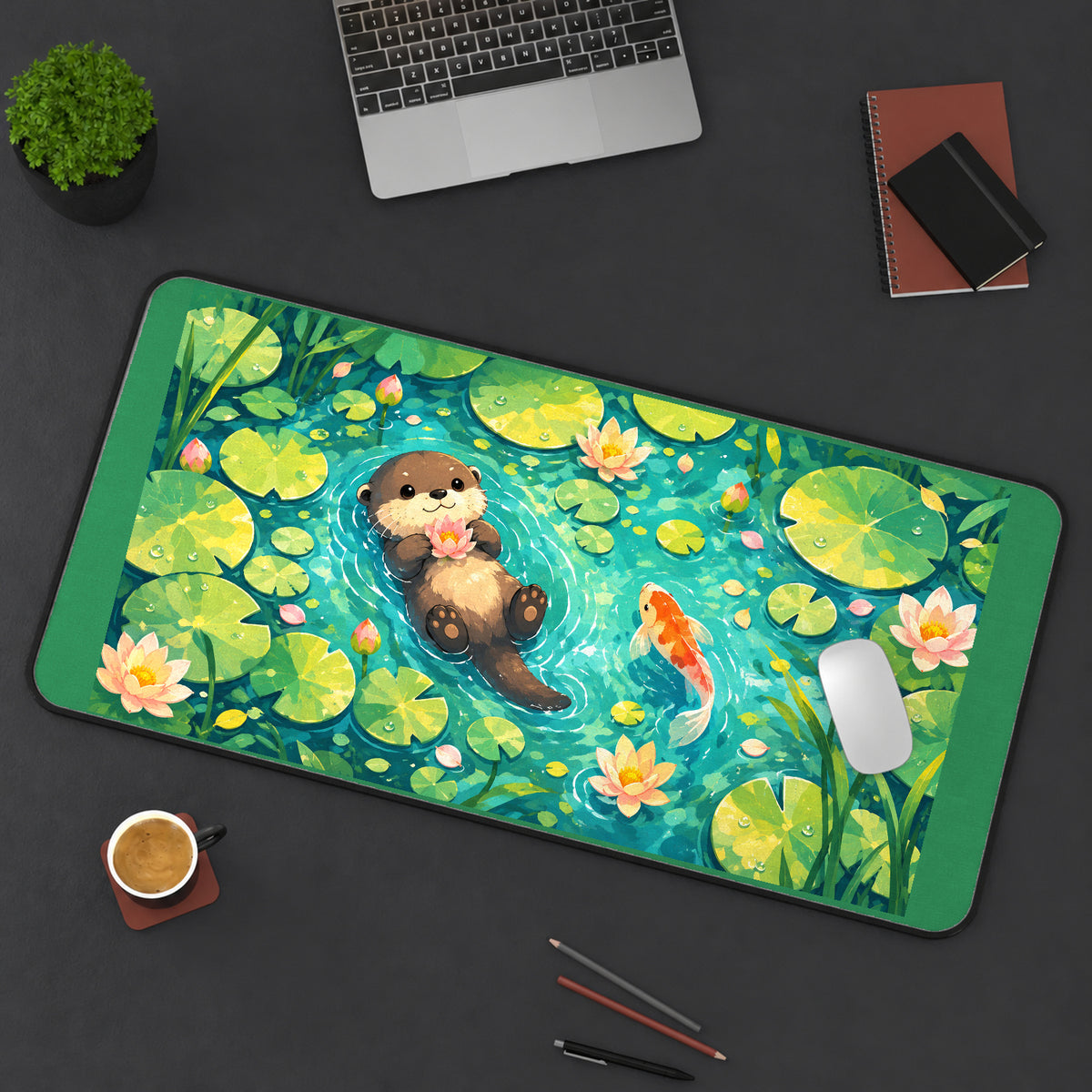 Otter in a Lotus Koi Pond desk mat — product mockup 3