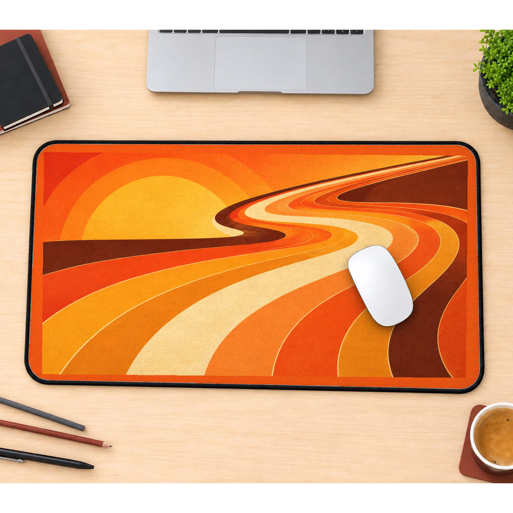 Orange Sunset Racing Curves desk mat — product mockup 1