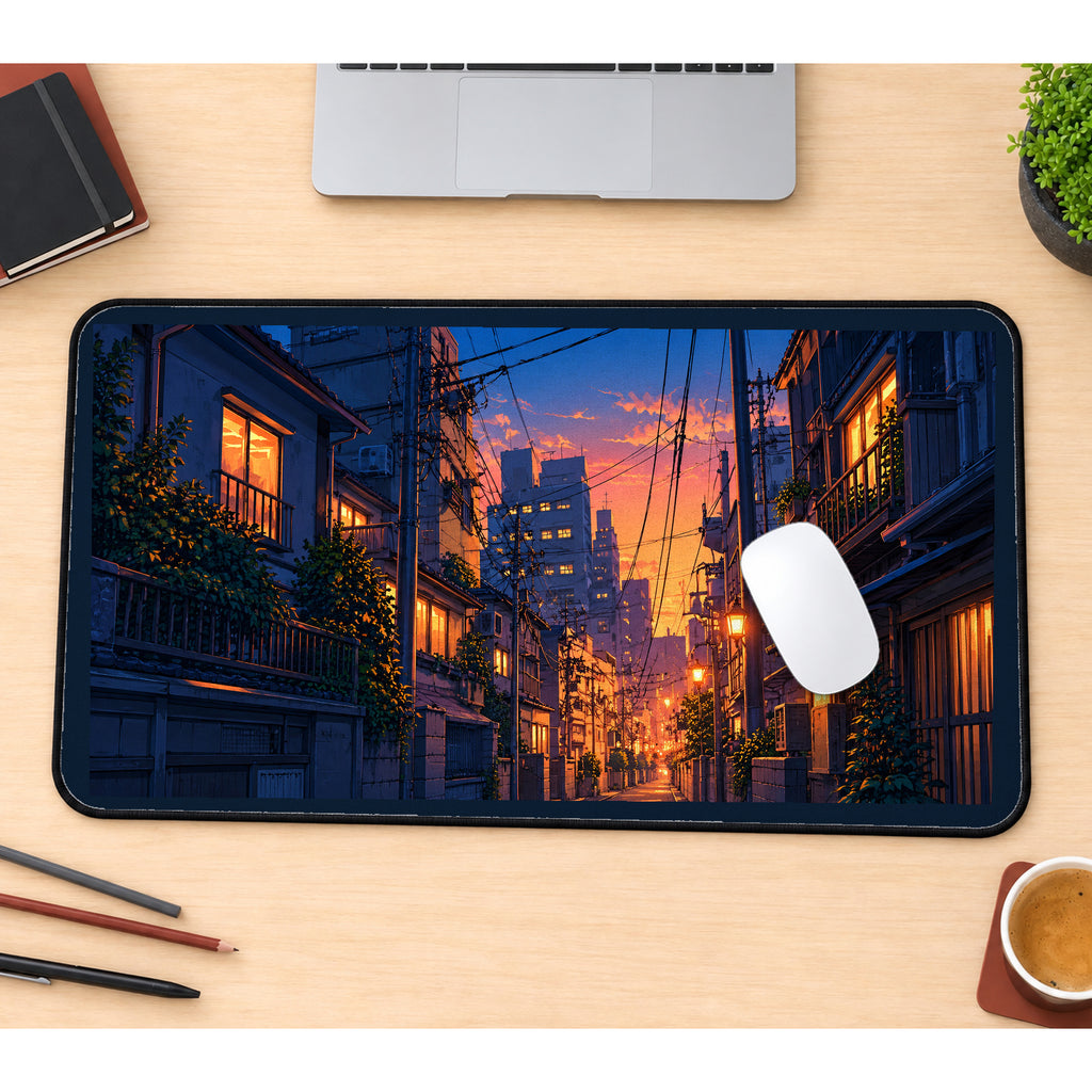 Tokyo Alley at Orange Sunset desk mat — product mockup 1