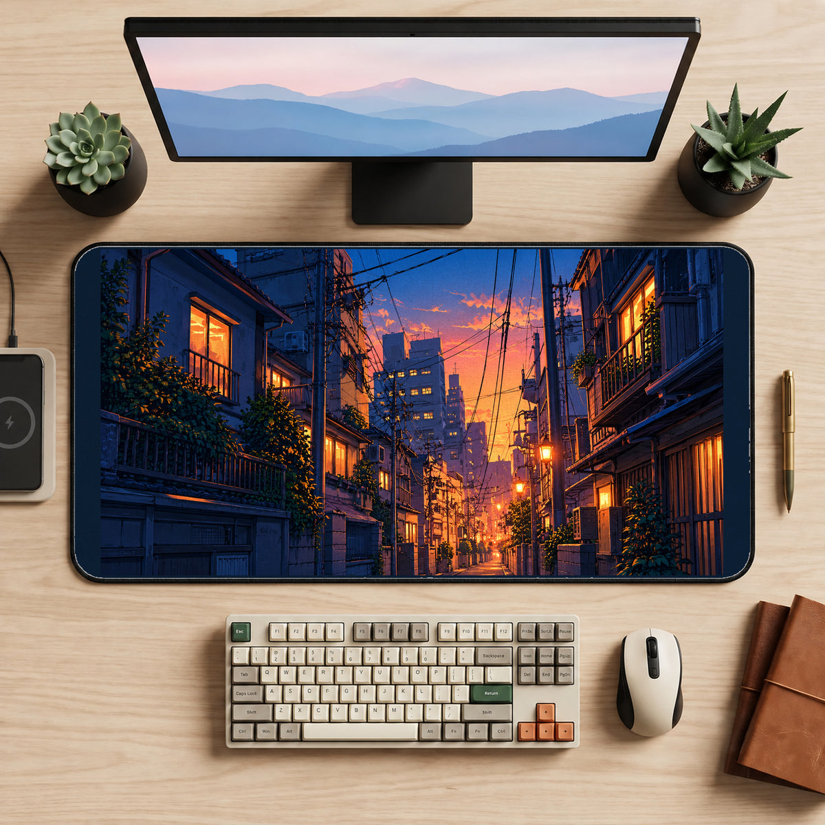 Tokyo Alley at Orange Sunset desk mat — product mockup 2
