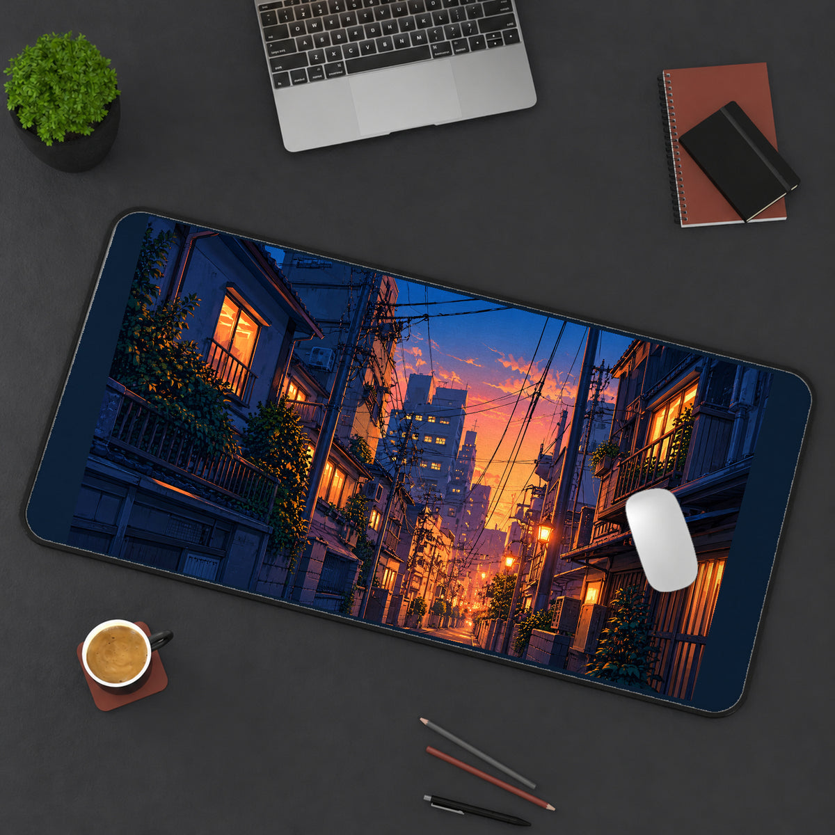 Tokyo Alley at Orange Sunset desk mat — product mockup 3