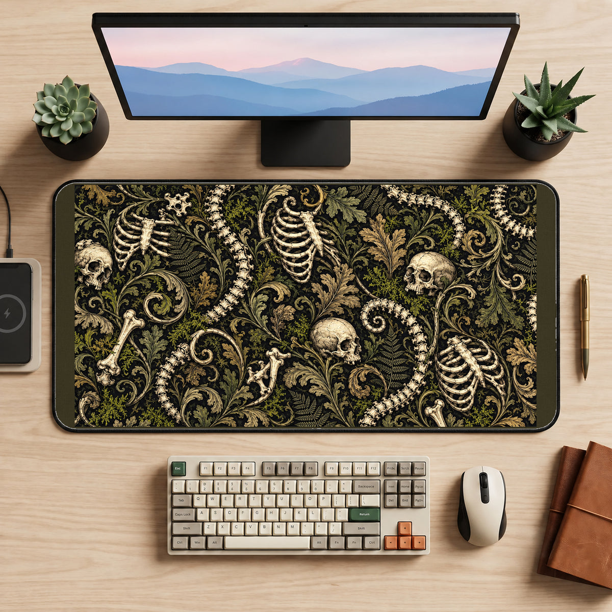 Gothic Skulls and Ribcages desk mat — product mockup 2