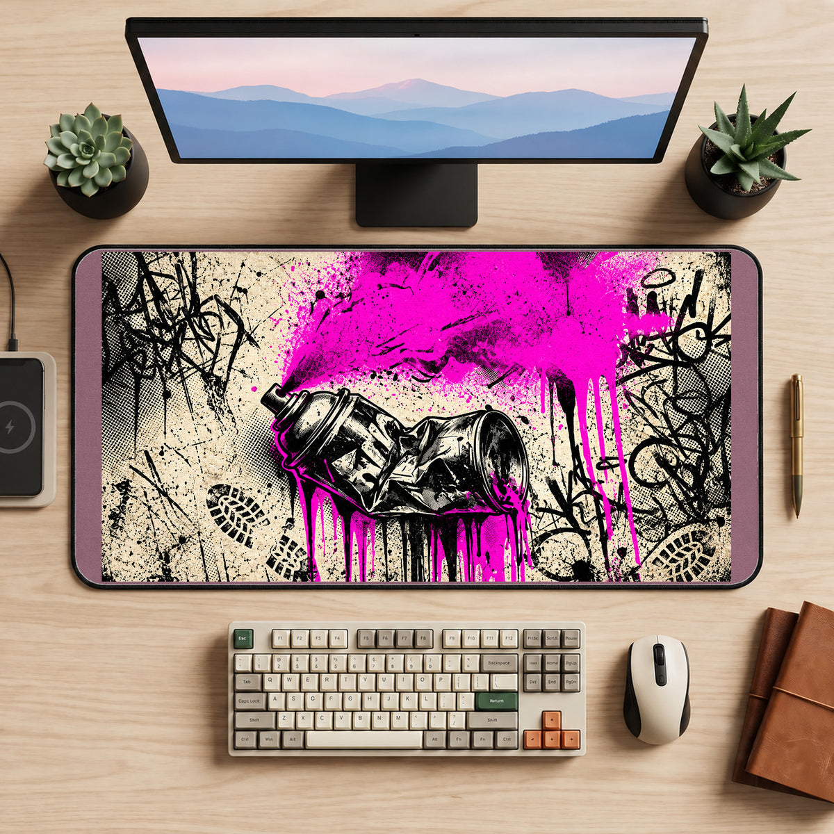 Neon Pink Spray Can Graffiti desk mat — product mockup 2