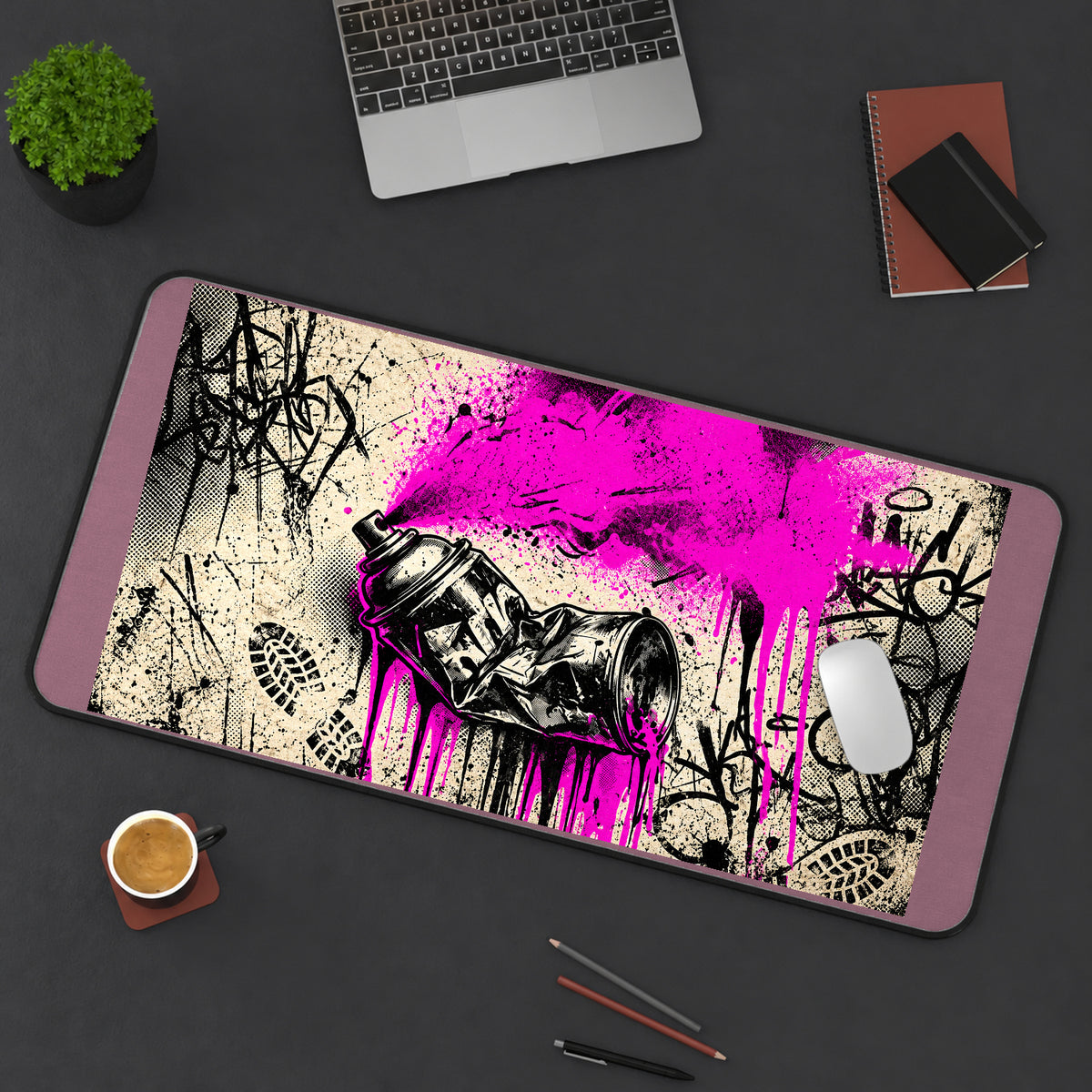 Neon Pink Spray Can Graffiti desk mat — product mockup 3