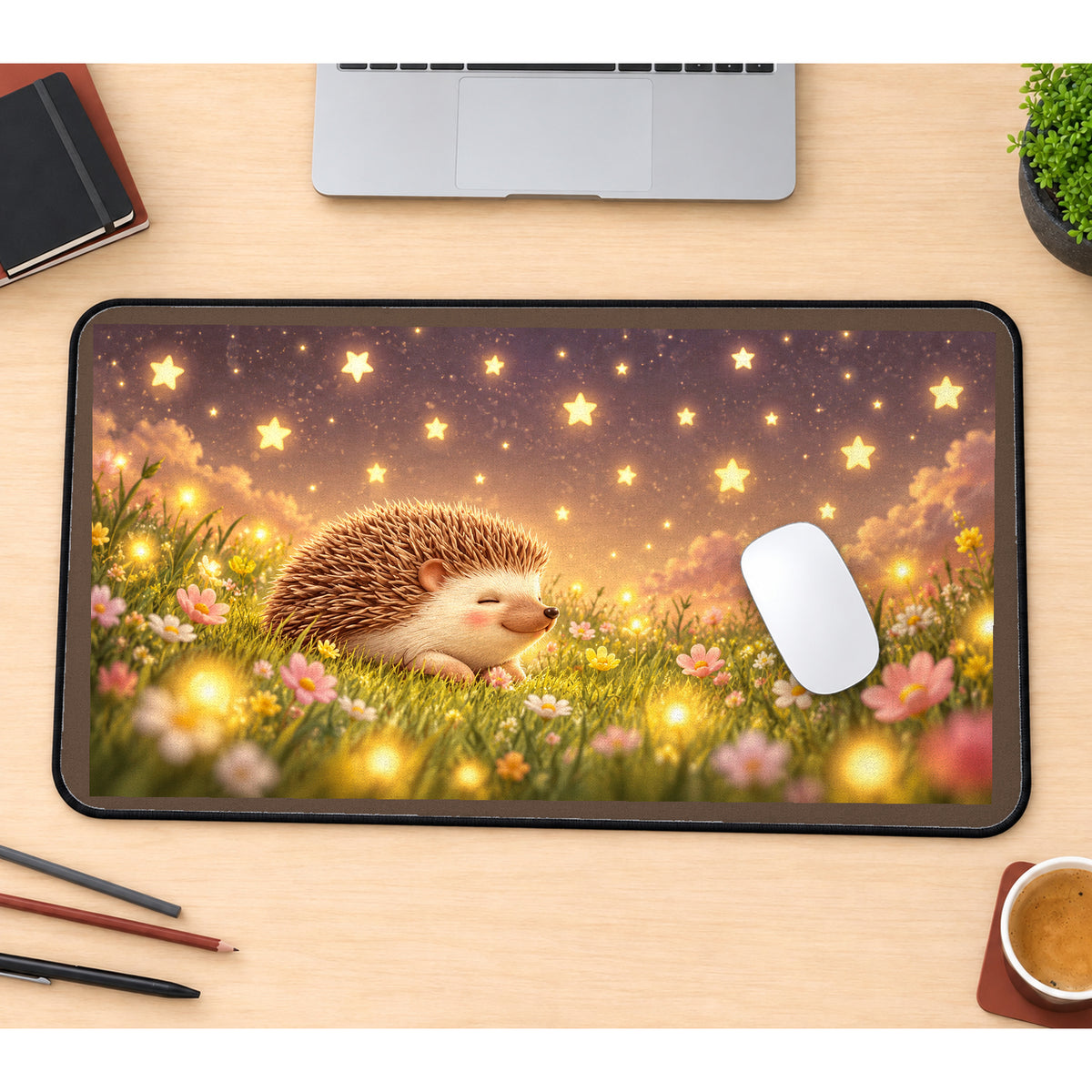 Hedgehog in a Starlit Meadow desk mat — product mockup 1