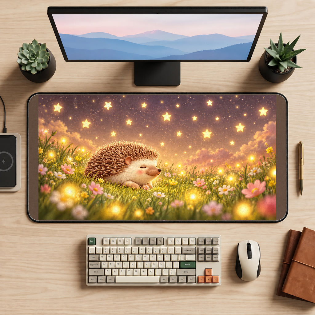 Hedgehog in a Starlit Meadow desk mat — product mockup 2