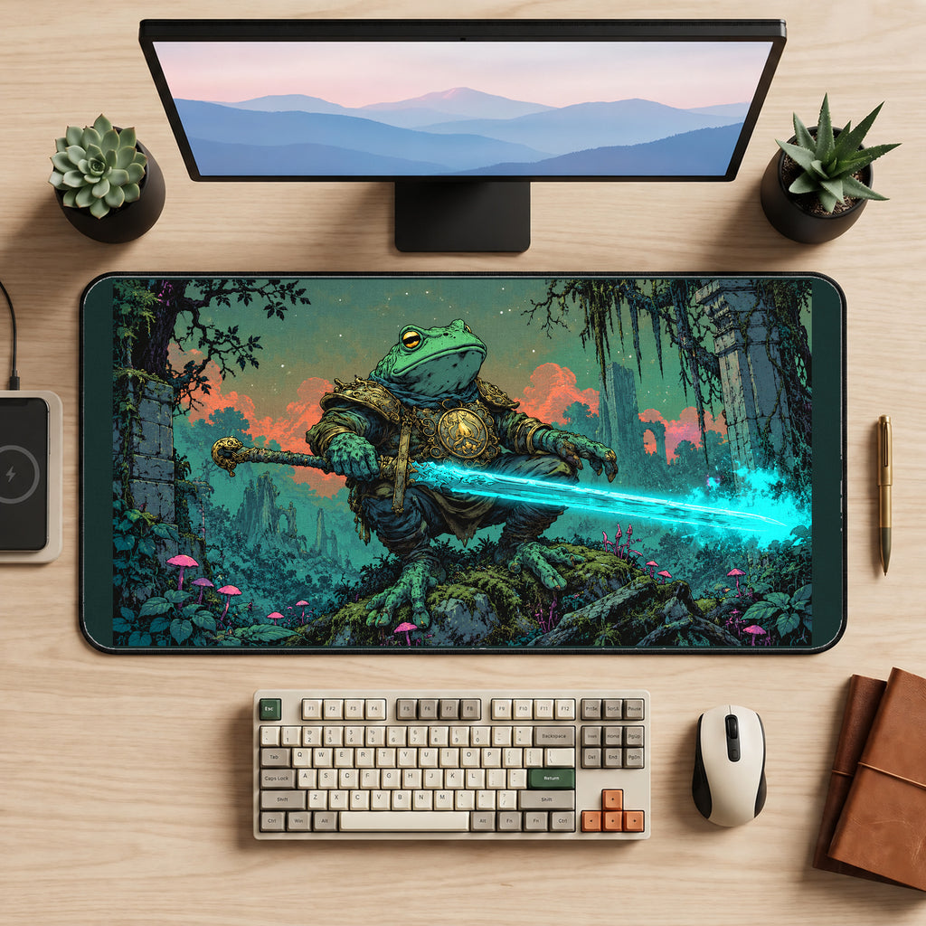 Frog Knight with Glowing Sword desk mat — product mockup 2