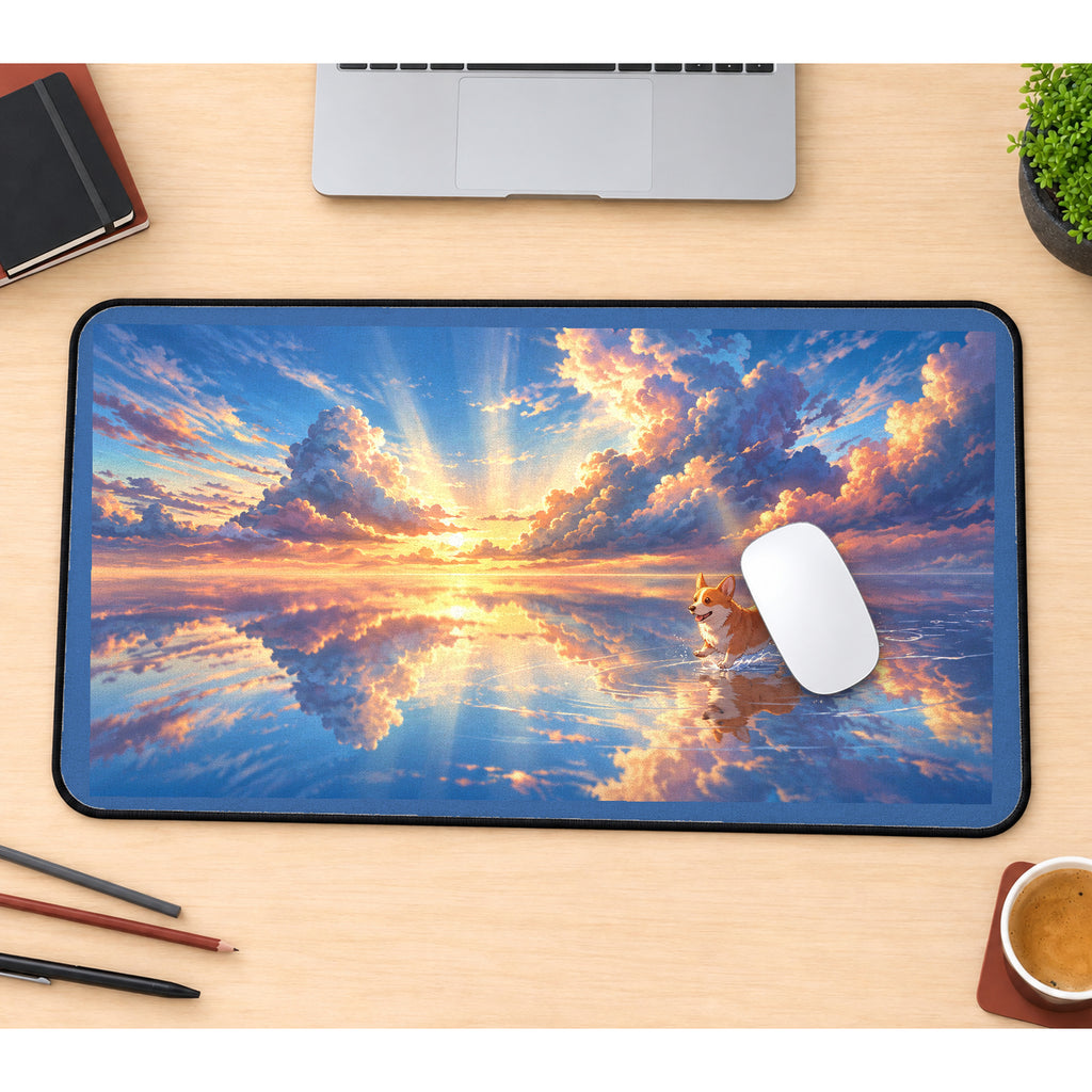 Corgi Beneath a Reflective Sunset desk mat — product mockup 1