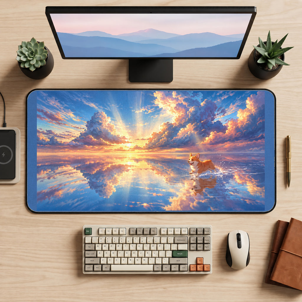 Corgi Beneath a Reflective Sunset desk mat — product mockup 2