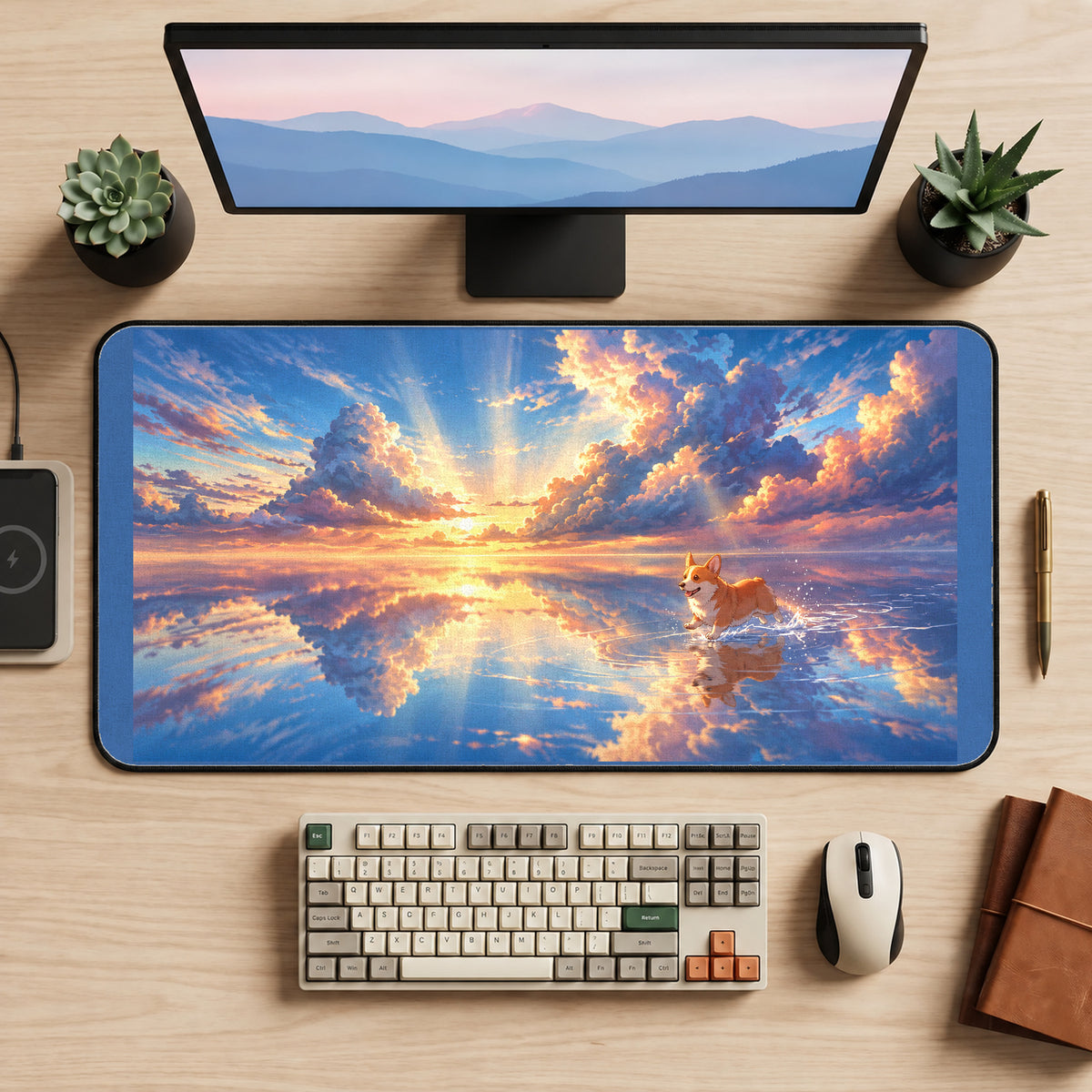 Corgi Beneath a Reflective Sunset desk mat — product mockup 2