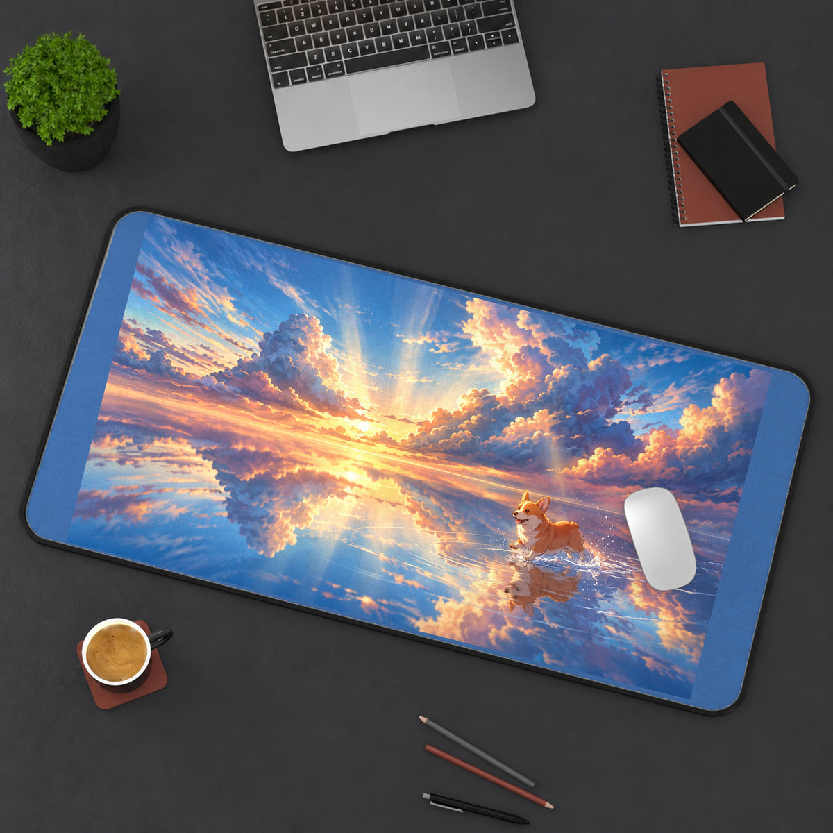Corgi Beneath a Reflective Sunset desk mat — product mockup 3