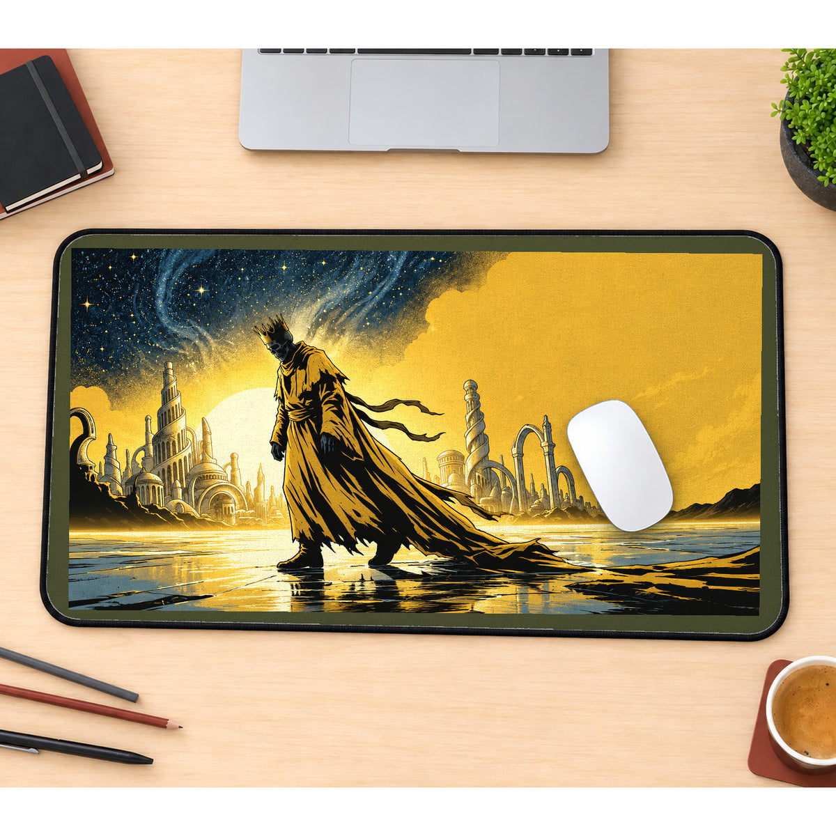 Yellow Cloaked Cosmic Wanderer desk mat — product mockup 1