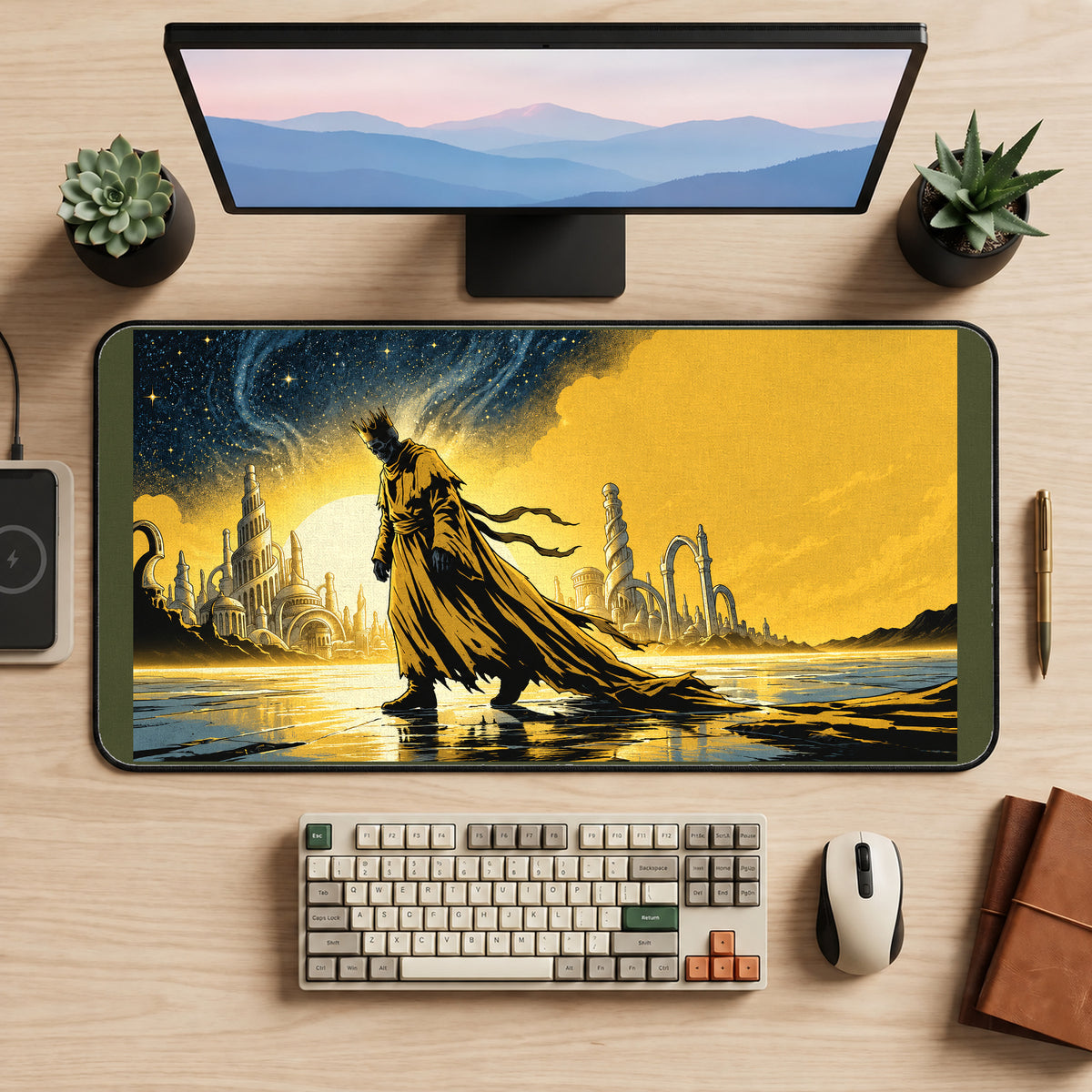 Yellow Cloaked Cosmic Wanderer desk mat — product mockup 2