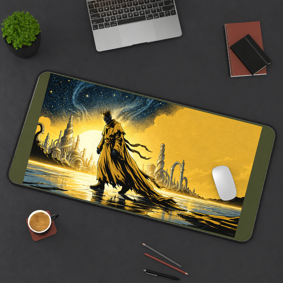 Yellow Cloaked Cosmic Wanderer desk mat — product mockup 3