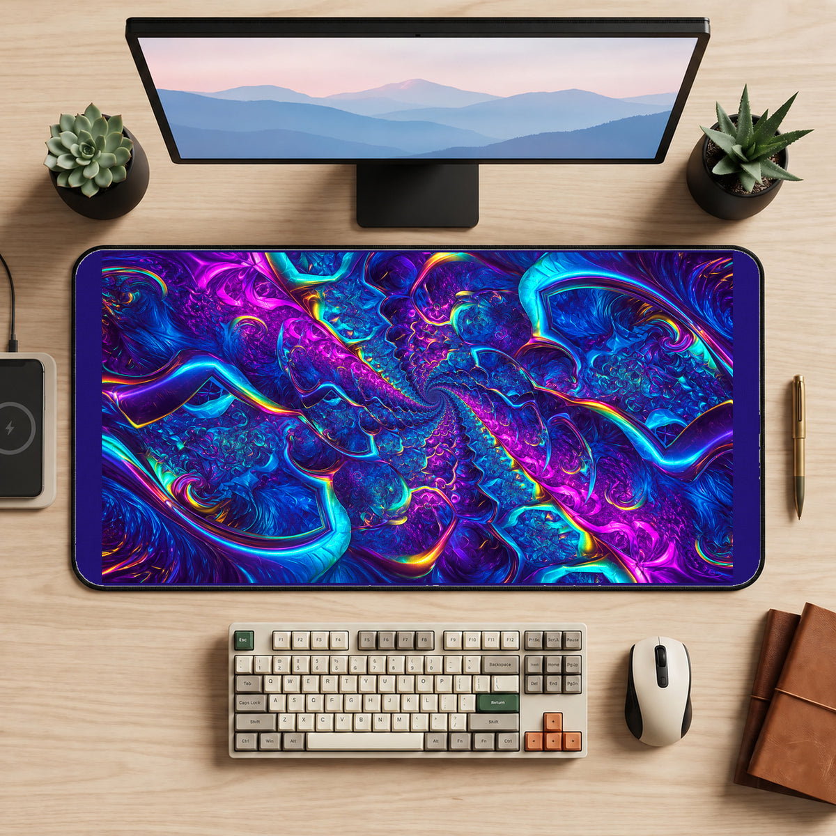 Purple and Cyan Fractal Flow desk mat — product mockup 2