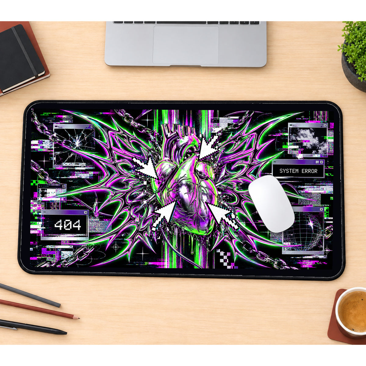 Neon Glitch Heart Collage desk mat — product mockup 1