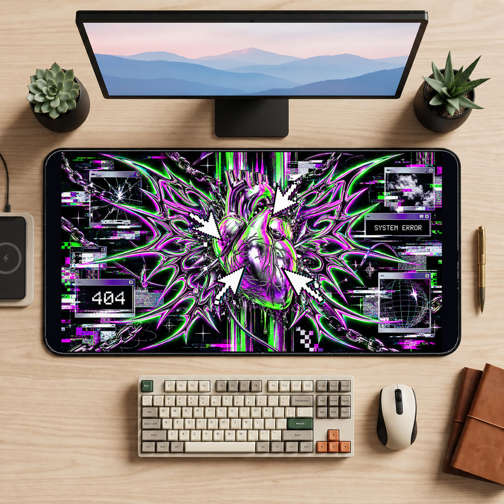Neon Glitch Heart Collage desk mat — product mockup 2
