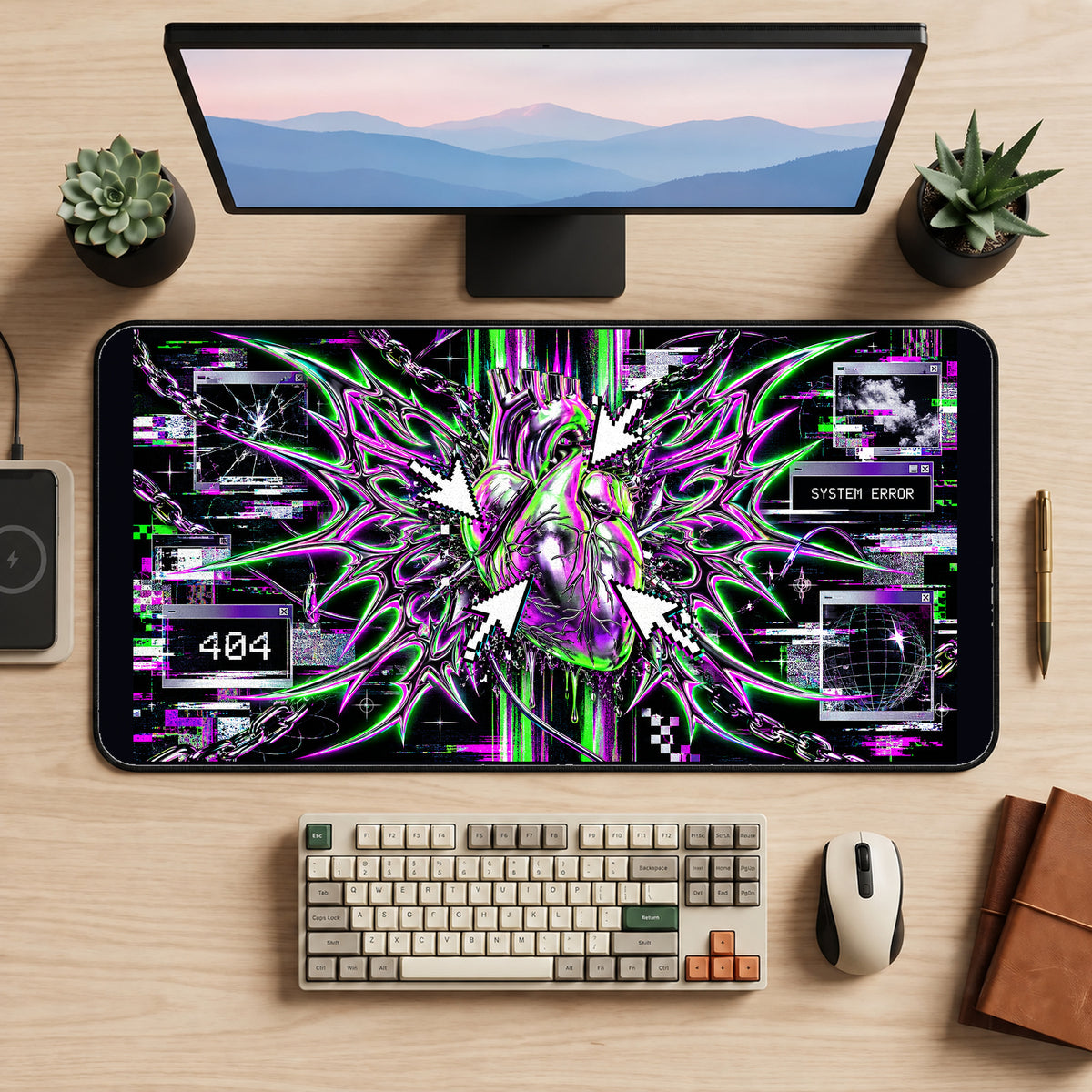 Neon Glitch Heart Collage desk mat — product mockup 2
