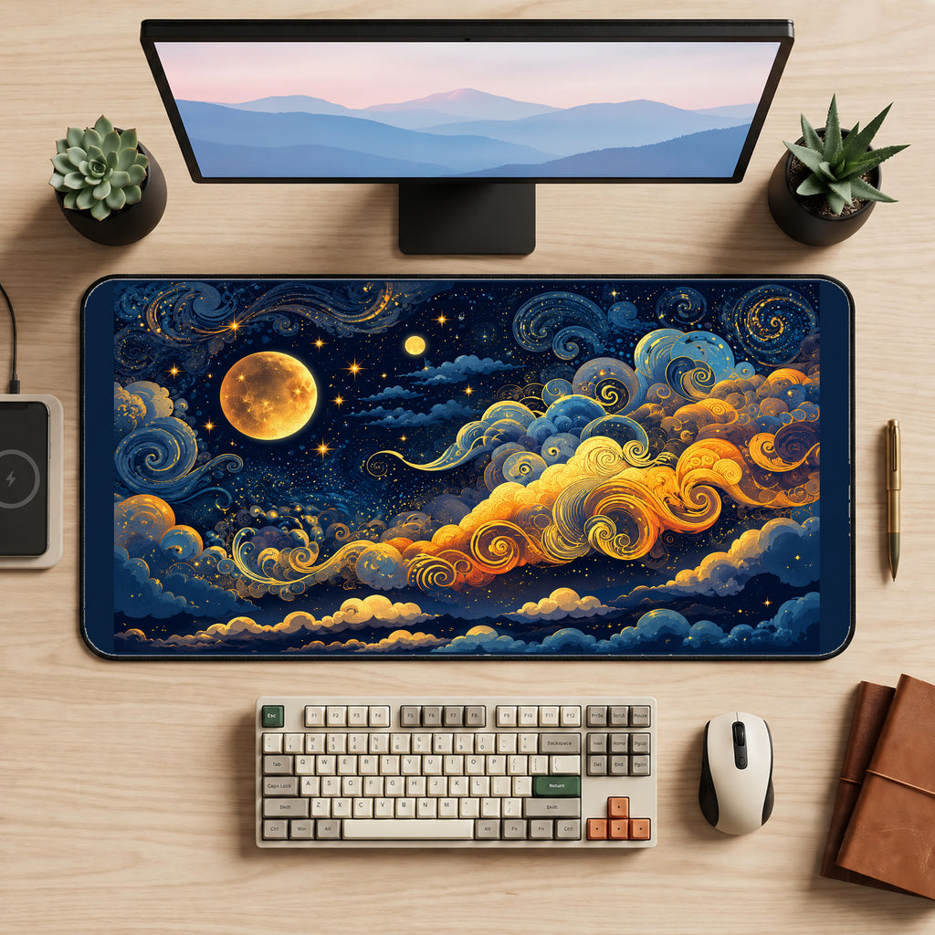 Moonlit Swirling Cloud Sky desk mat — product mockup 2