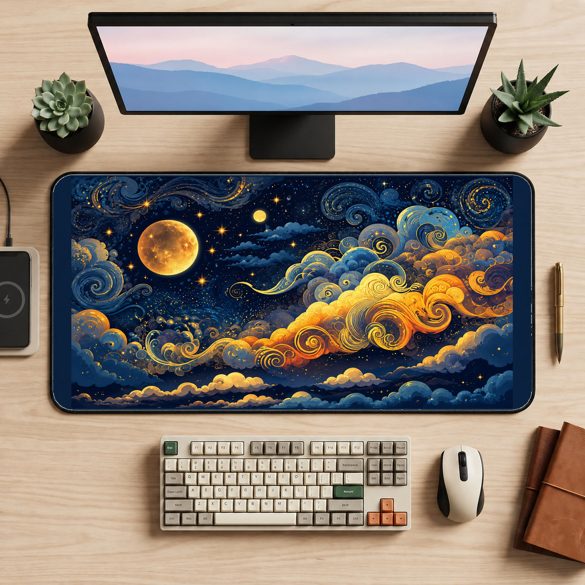 Moonlit Swirling Cloud Sky desk mat — product mockup 2
