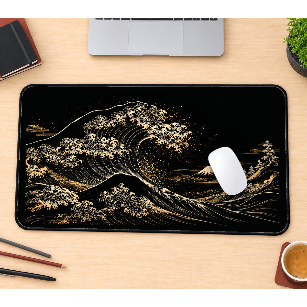 Black and Gold Cresting Wave desk mat — product mockup 1