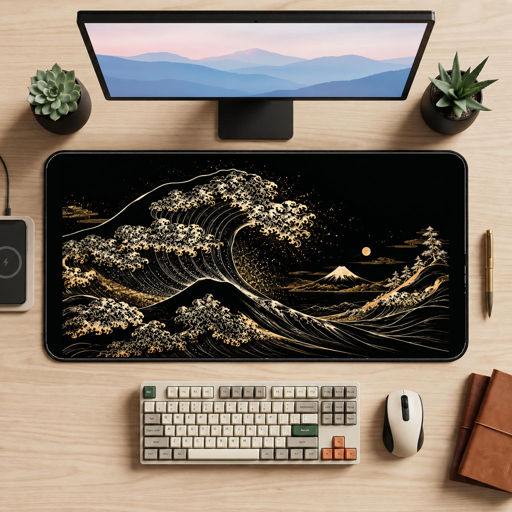 Black and Gold Cresting Wave desk mat — product mockup 2