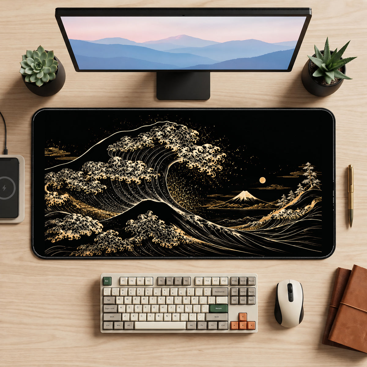 Black and Gold Cresting Wave desk mat — product mockup 2