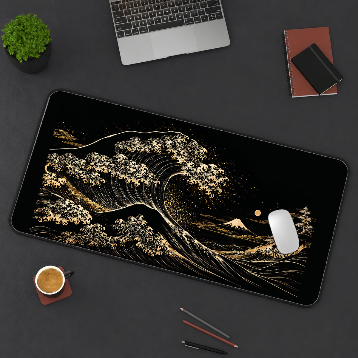 Black and Gold Cresting Wave desk mat — product mockup 3