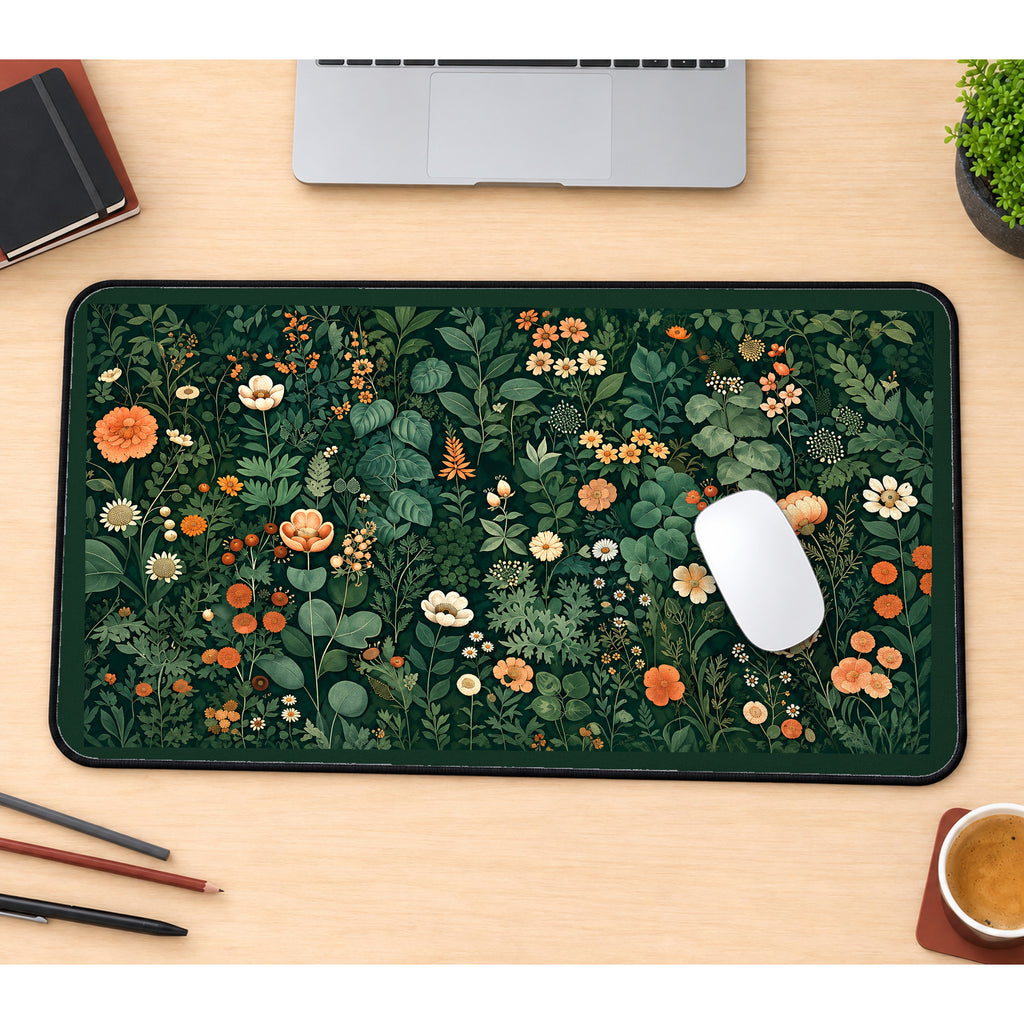 Dark Green Cottage Flower Garden desk mat — product mockup 1