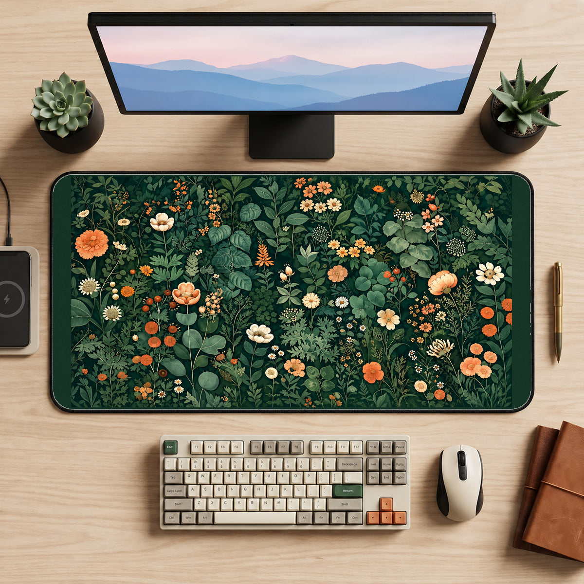 Dark Green Cottage Flower Garden desk mat — product mockup 2
