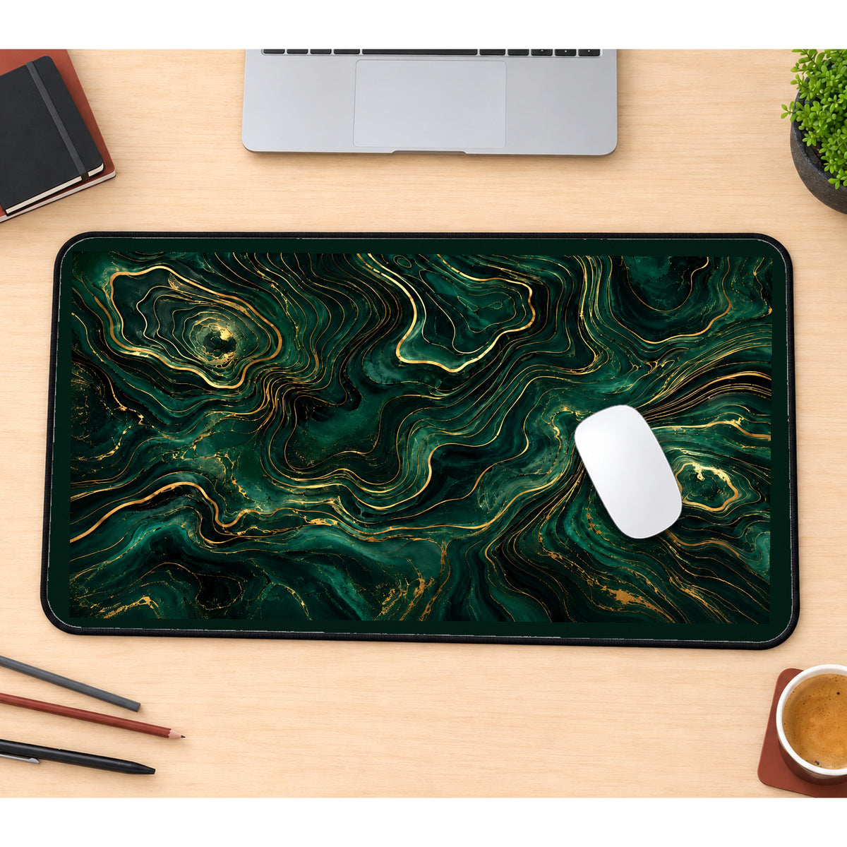Emerald Flowing Gold Contours desk mat — product mockup 1