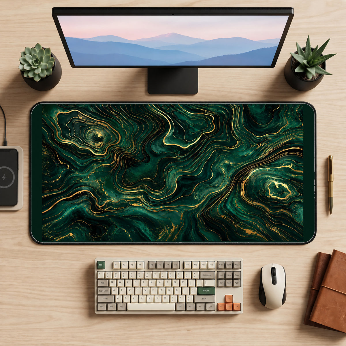 Emerald Flowing Gold Contours desk mat — product mockup 2
